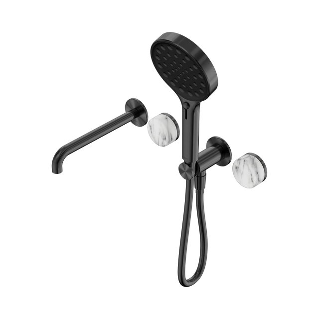 An image of Nero Tapware's Serenity Progressive Shower System With Spout With Arabescato Corchia Handle And Serenity Hand Shower Gun Metal
