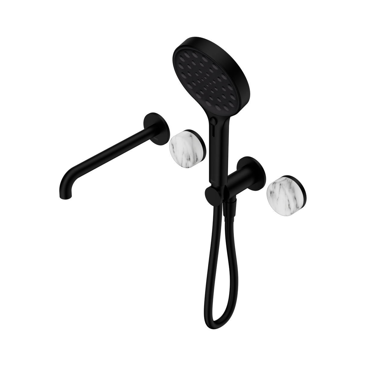 An image of Nero Tapware's Serenity Progressive Shower System With Spout With Arabescato Corchia Handle And Serenity Hand Shower Matt Black