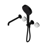 An image of Nero Tapware's Serenity Progressive Shower System With Spout With Arabescato Corchia Handle And Serenity Hand Shower Matt Black