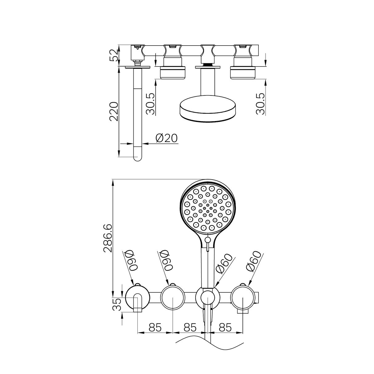 A line drawing of Nero Tapware's Serenity Progressive Shower System With Spout With Arabescato Corchia Handle And Serenity Hand Shower Chrome