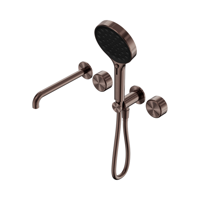 An image of Nero Tapware's Serenity Progressive Shower System With Spout With Metal Handle And Serenity Hand Shower Brushed Bronze