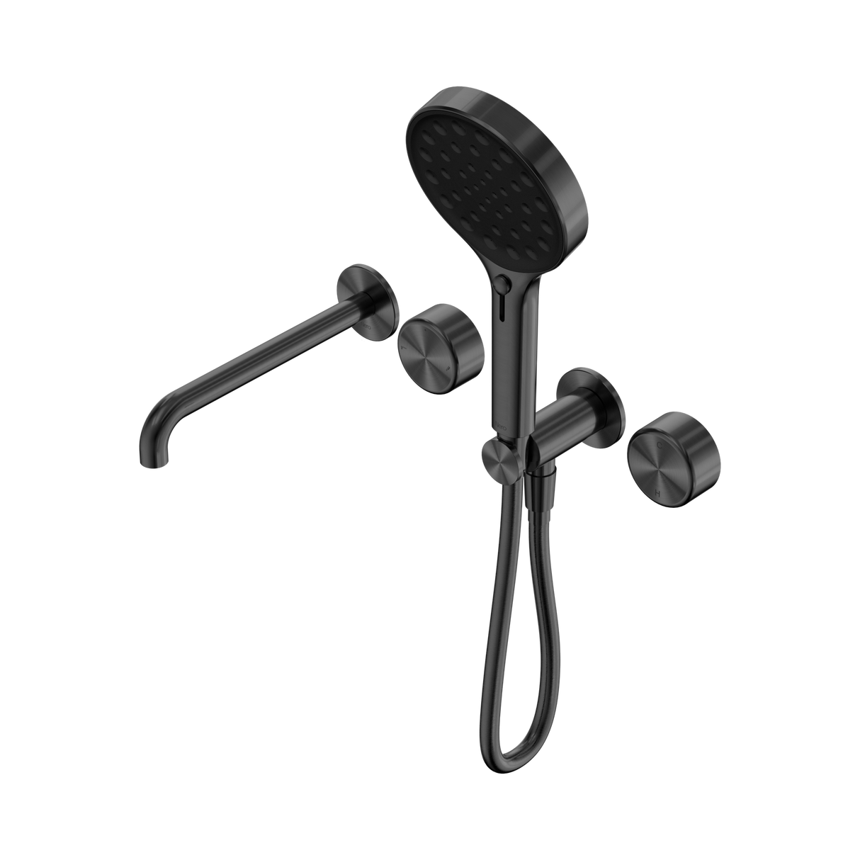 An image of Nero Tapware's Serenity Progressive Shower System With Spout With Metal Handle And Serenity Hand Shower Gun Metal