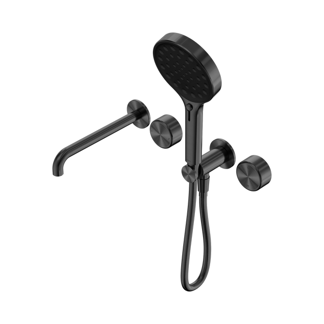 An image of Nero Tapware's Serenity Progressive Shower System With Spout With Metal Handle And Serenity Hand Shower Gun Metal