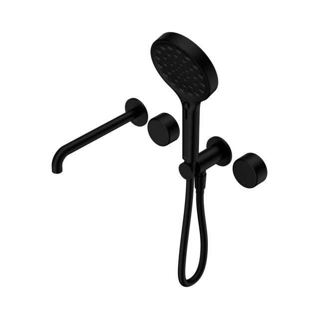 An image of Nero Tapware's Serenity Progressive Shower System With Spout With Metal Handle And Serenity Hand Shower Matt Black