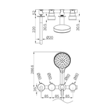 A line drawing of Nero Tapware's Serenity Progressive Shower System With Spout With Metal Handle And Serenity Hand Shower Chrome