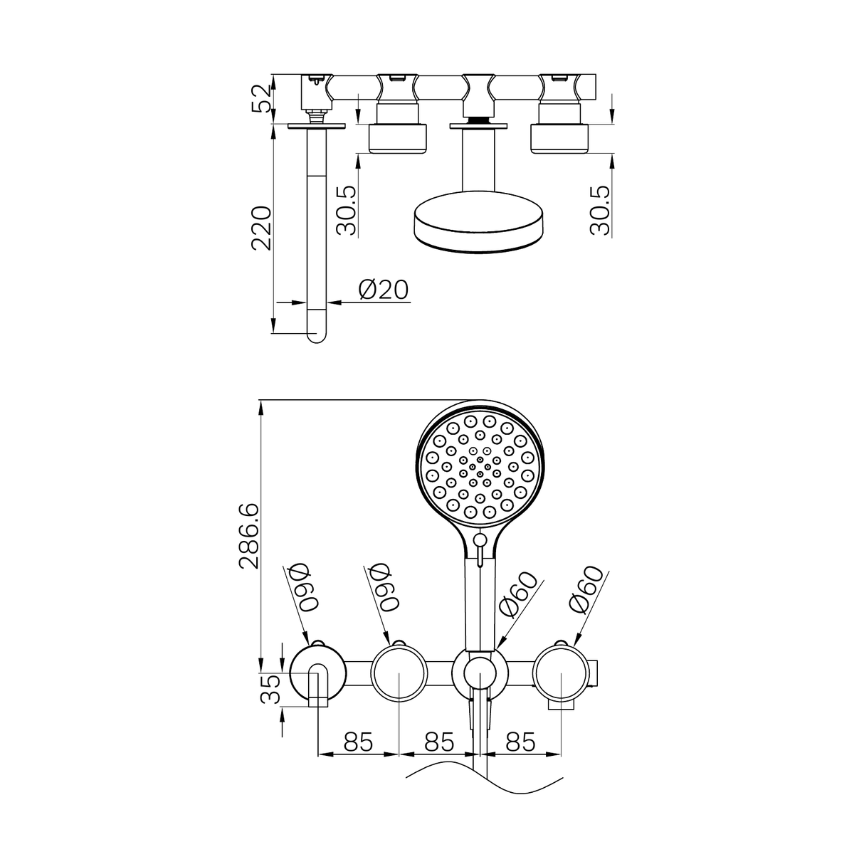 A line drawing of Nero Tapware's Serenity Progressive Shower System With Spout With Metal Handle And Serenity Hand Shower Gun Metal
