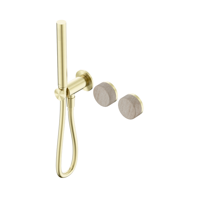 An image of Nero Tapware's Serenity Progressive Shower System With Rome Travertine Handle And Slim Shower Brushed Gold