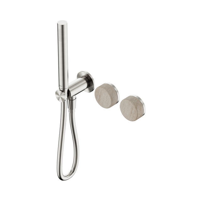 An image of Nero Tapware's Serenity Progressive Shower System With Rome Travertine Handle And Slim Shower Brushed Nickel
