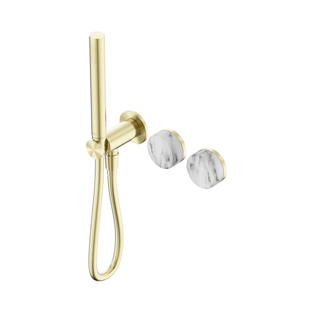 An image of Nero Tapware's Serenity Progressive Shower System With Arabescato Corchia Handle And Slim Shower Brushed Gold