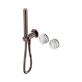 An image of Nero Tapware's Serenity Progressive Shower System With Arabescato Corchia Handle And Slim Shower Brushed Bronze