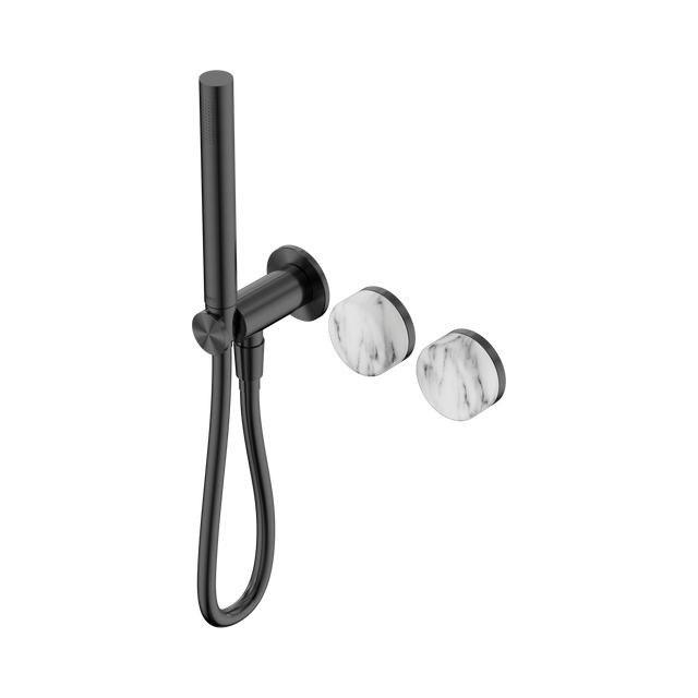 An image of Nero Tapware's Serenity Progressive Shower System With Arabescato Corchia Handle And Slim Shower Gun Metal