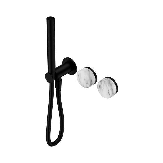 An image of Nero Tapware's Serenity Progressive Shower System With Arabescato Corchia Handle And Slim Shower Matt Black