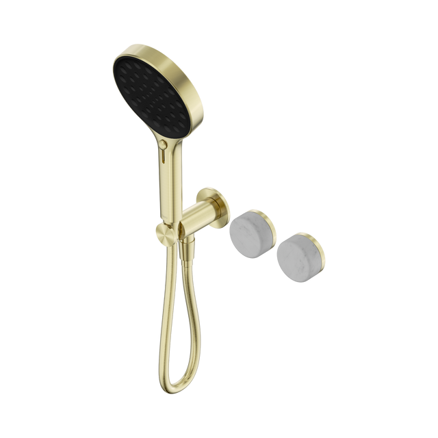 An image of Nero Tapware's Serenity Progressive Shower System With Carrara Handle And Serenity Hand Shower Brushed Gold