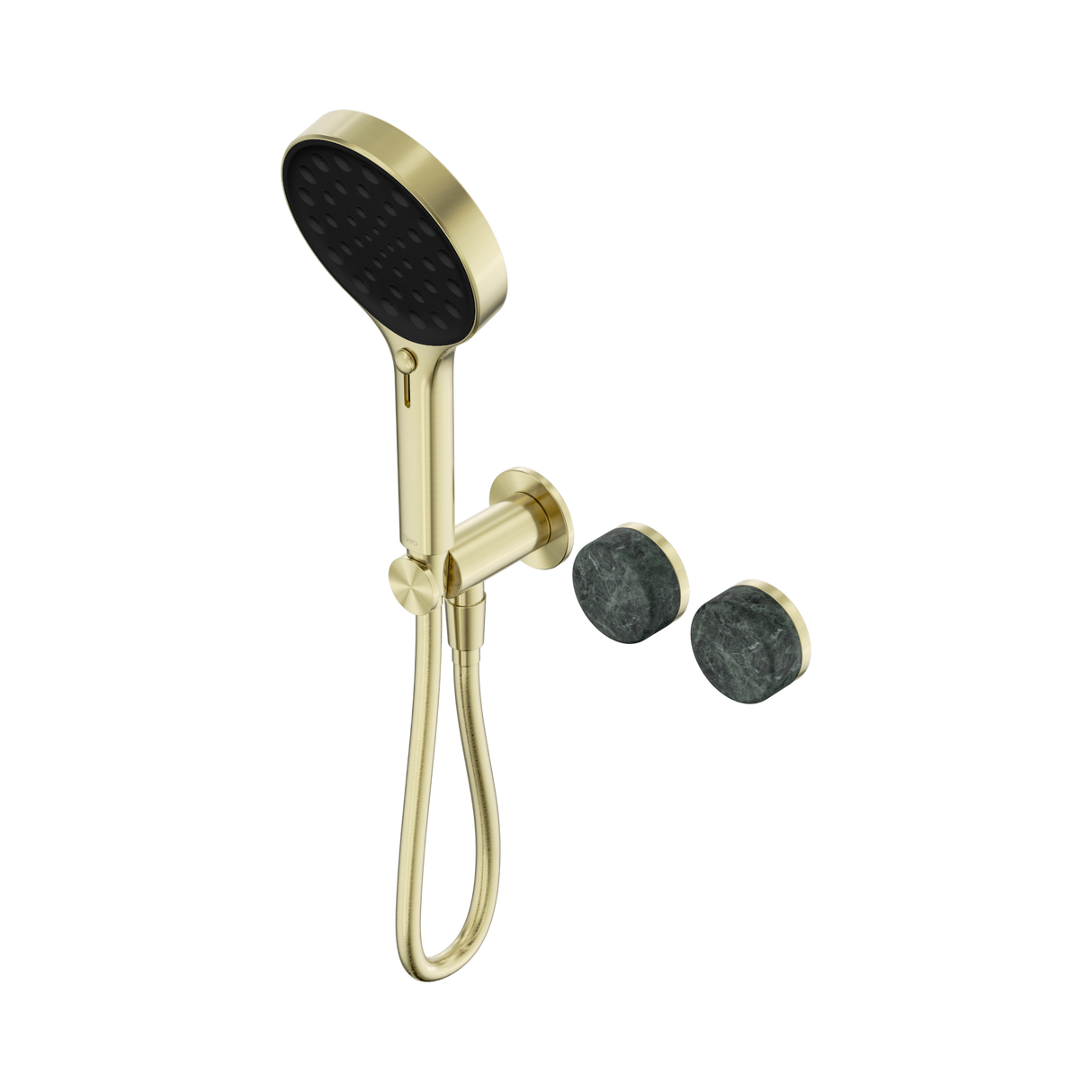 An image of Nero Tapware's Serenity Progressive Shower System With Verde Alpi Handle And Serenity Hand Shower Brushed Gold