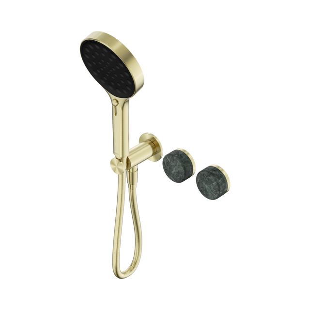 An image of Nero Tapware's Serenity Progressive Shower System With Verde Alpi Handle And Serenity Hand Shower Brushed Gold