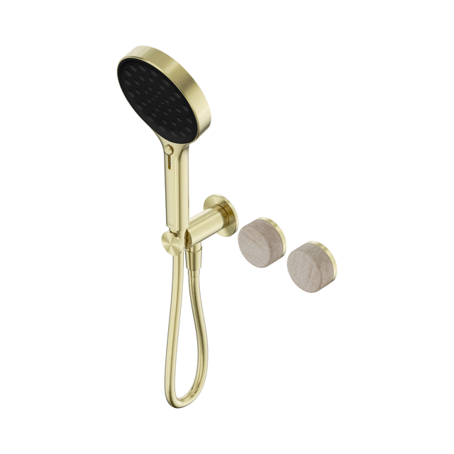 An image of Nero Tapware's Serenity Progressive Shower System With Rome Travertine Handle And Serenity Hand Shower Brushed Gold