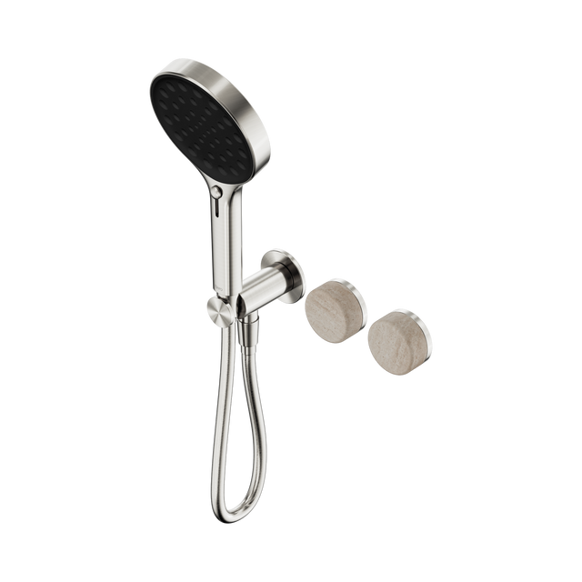 An image of Nero Tapware's Serenity Progressive Shower System With Rome Travertine Handle And Serenity Hand Shower Brushed Nickel