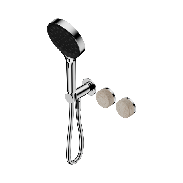 An image of Nero Tapware's Serenity Progressive Shower System With Rome Travertine Handle And Serenity Hand Shower Chrome