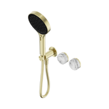 An image of Nero Tapware's Serenity Progressive Shower System With Arabescato Corchia Handle And Serenity Hand Shower Brushed Gold