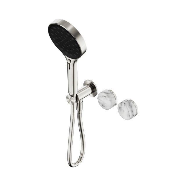 An image of Nero Tapware's Serenity Progressive Shower System With Arabescato Corchia Handle And Serenity Hand Shower Brushed Nickel