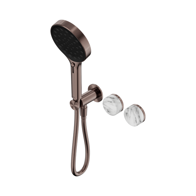 An image of Nero Tapware's Serenity Progressive Shower System With Arabescato Corchia Handle And Serenity Hand Shower Brushed Bronze