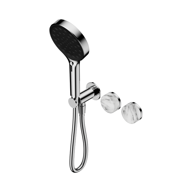 An image of Nero Tapware's Serenity Progressive Shower System With Arabescato Corchia Handle And Serenity Hand Shower Chrome