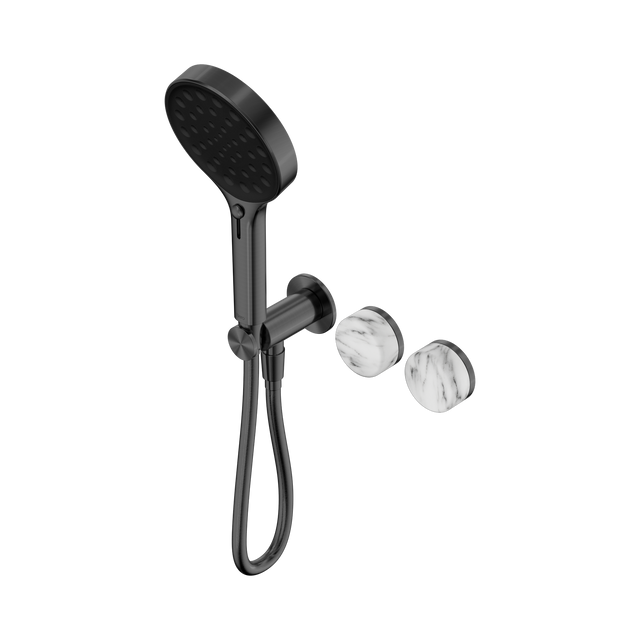 An image of Nero Tapware's Serenity Progressive Shower System With Arabescato Corchia Handle And Serenity Hand Shower Gun Metal
