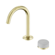 An image of Nero Tapware's Serenity Progressive Basin Mixer Arc Spout With Carrara Handle Brushed Gold