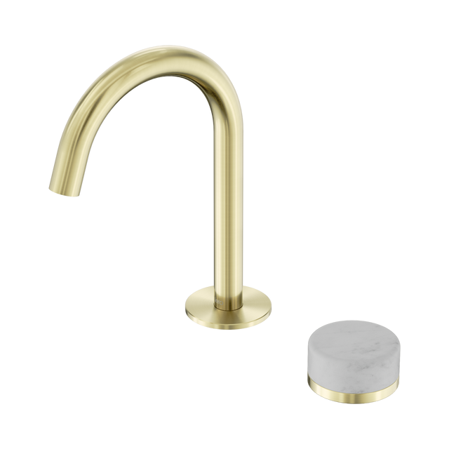 An image of Nero Tapware's Serenity Progressive Basin Mixer Arc Spout With Carrara Handle Brushed Gold