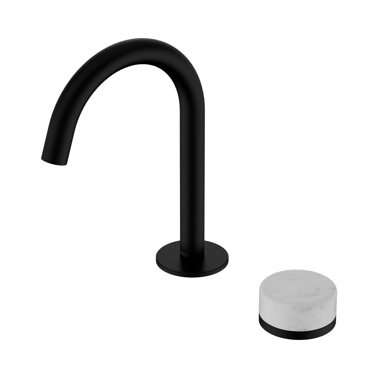 An image of Nero Tapware's Serenity Progressive Basin Mixer Arc Spout With Carrara Handle Matt Black