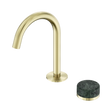 An image of Nero Tapware's Serenity Progressive Basin Mixer Arc Spout With Verde Alpi Handle Brushed Gold
