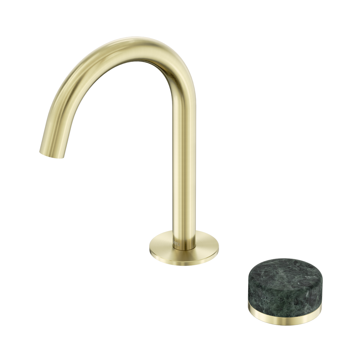 An image of Nero Tapware's Serenity Progressive Basin Mixer Arc Spout With Verde Alpi Handle Brushed Gold