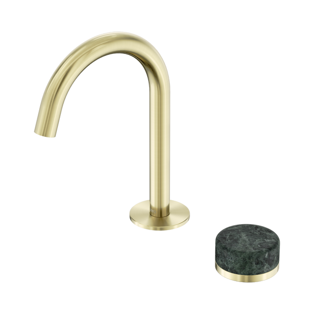 An image of Nero Tapware's Serenity Progressive Basin Mixer Arc Spout With Verde Alpi Handle Brushed Gold
