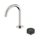 An image of Nero Tapware's Serenity Progressive Basin Mixer Arc Spout With Verde Alpi Handle Brushed Nickel