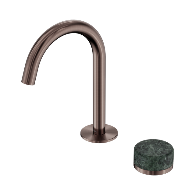 An image of Nero Tapware's Serenity Progressive Basin Mixer Arc Spout With Verde Alpi Handle Brushed Bronze