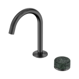 An image of Nero Tapware's Serenity Progressive Basin Mixer Arc Spout With Verde Alpi Handle Gun Metal