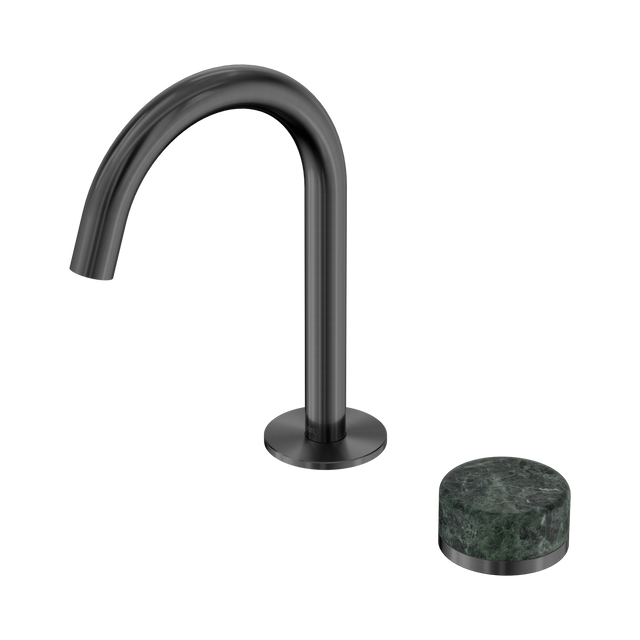 An image of Nero Tapware's Serenity Progressive Basin Mixer Arc Spout With Verde Alpi Handle Gun Metal