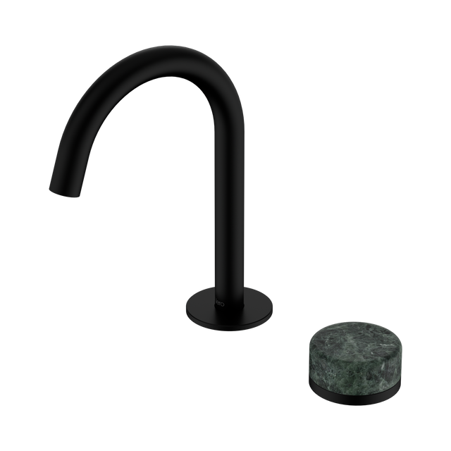 An image of Nero Tapware's Serenity Progressive Basin Mixer Arc Spout With Verde Alpi Handle Matt Black