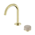 An image of Nero Tapware's Serenity Progressive Basin Mixer Arc Spout With Rome Travertine Handle Brushed Gold
