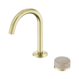 An image of Nero Tapware's Serenity Progressive Basin Mixer Arc Spout With Rome Travertine Handle Brushed Gold