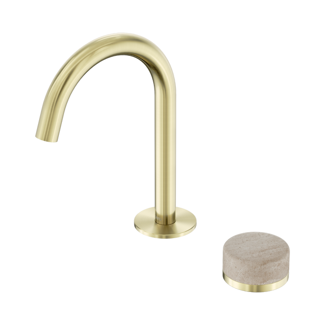 An image of Nero Tapware's Serenity Progressive Basin Mixer Arc Spout With Rome Travertine Handle Brushed Gold