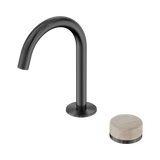 An image of Nero Tapware's Serenity Progressive Basin Mixer Arc Spout With Rome Travertine Handle Gun Metal