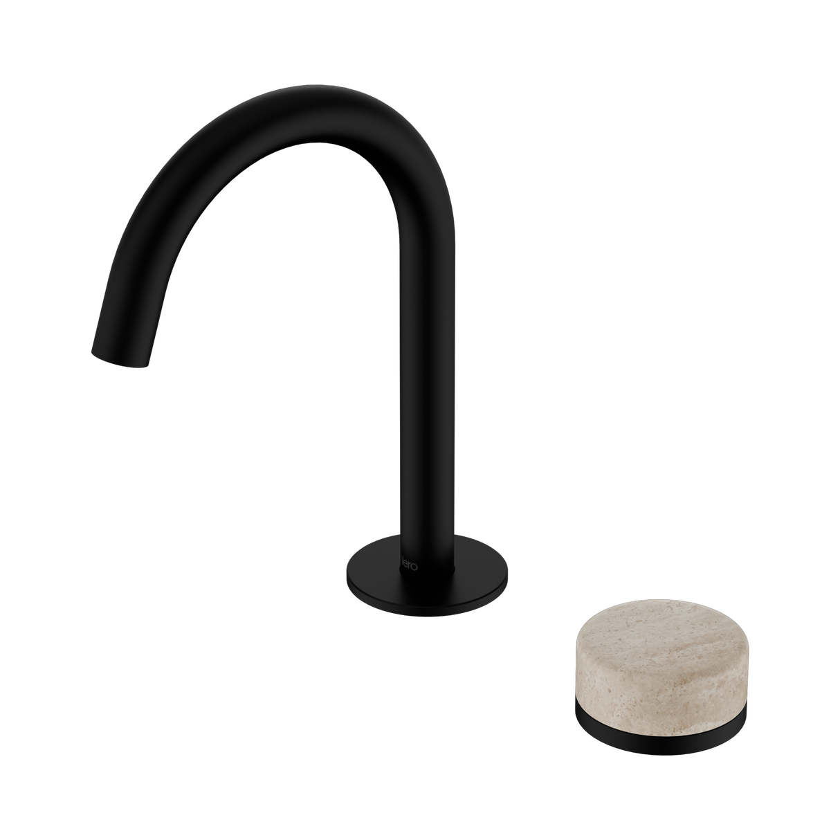 An image of Nero Tapware's Serenity Progressive Basin Mixer Arc Spout With Rome Travertine Handle Matt Black