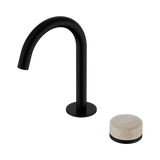 An image of Nero Tapware's Serenity Progressive Basin Mixer Arc Spout With Rome Travertine Handle Matt Black