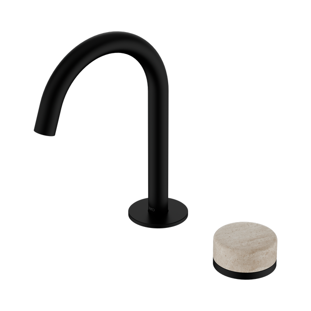An image of Nero Tapware's Serenity Progressive Basin Mixer Arc Spout With Rome Travertine Handle Matt Black