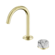 An image of Nero Tapware's Serenity Progressive Basin Mixer Arc Spout With Arabescato Corchia Handle Brushed Gold