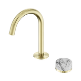 An image of Nero Tapware's Serenity Progressive Basin Mixer Arc Spout With Arabescato Corchia Handle Brushed Gold