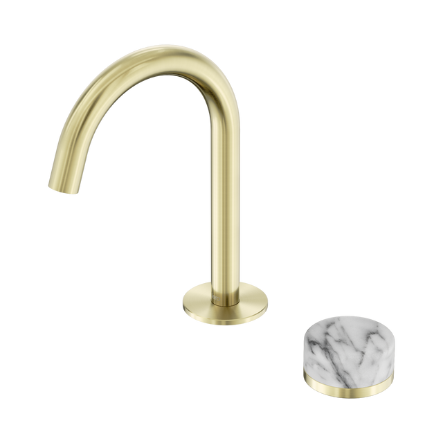 An image of Nero Tapware's Serenity Progressive Basin Mixer Arc Spout With Arabescato Corchia Handle Brushed Gold
