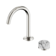 An image of Nero Tapware's Serenity Progressive Basin Mixer Arc Spout With Arabescato Corchia Handle Brushed Nickel