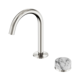 An image of Nero Tapware's Serenity Progressive Basin Mixer Arc Spout With Arabescato Corchia Handle Brushed Nickel